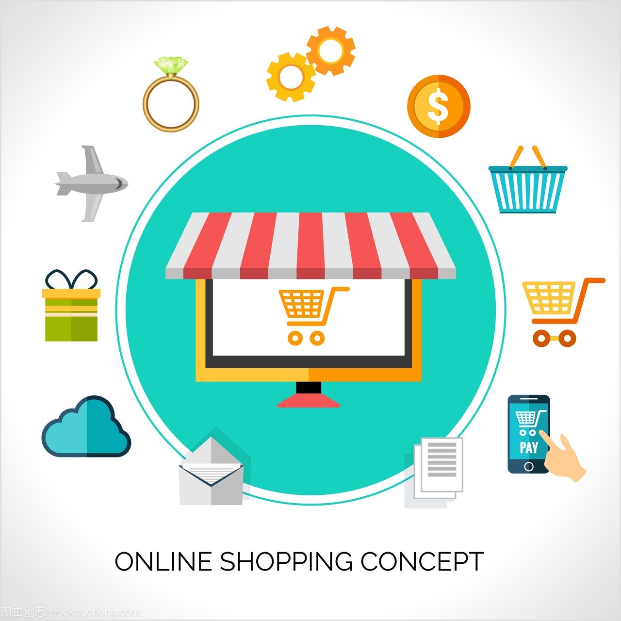 网上购物的概念与电子商务平装饰图标矢量图。网上购物的概念