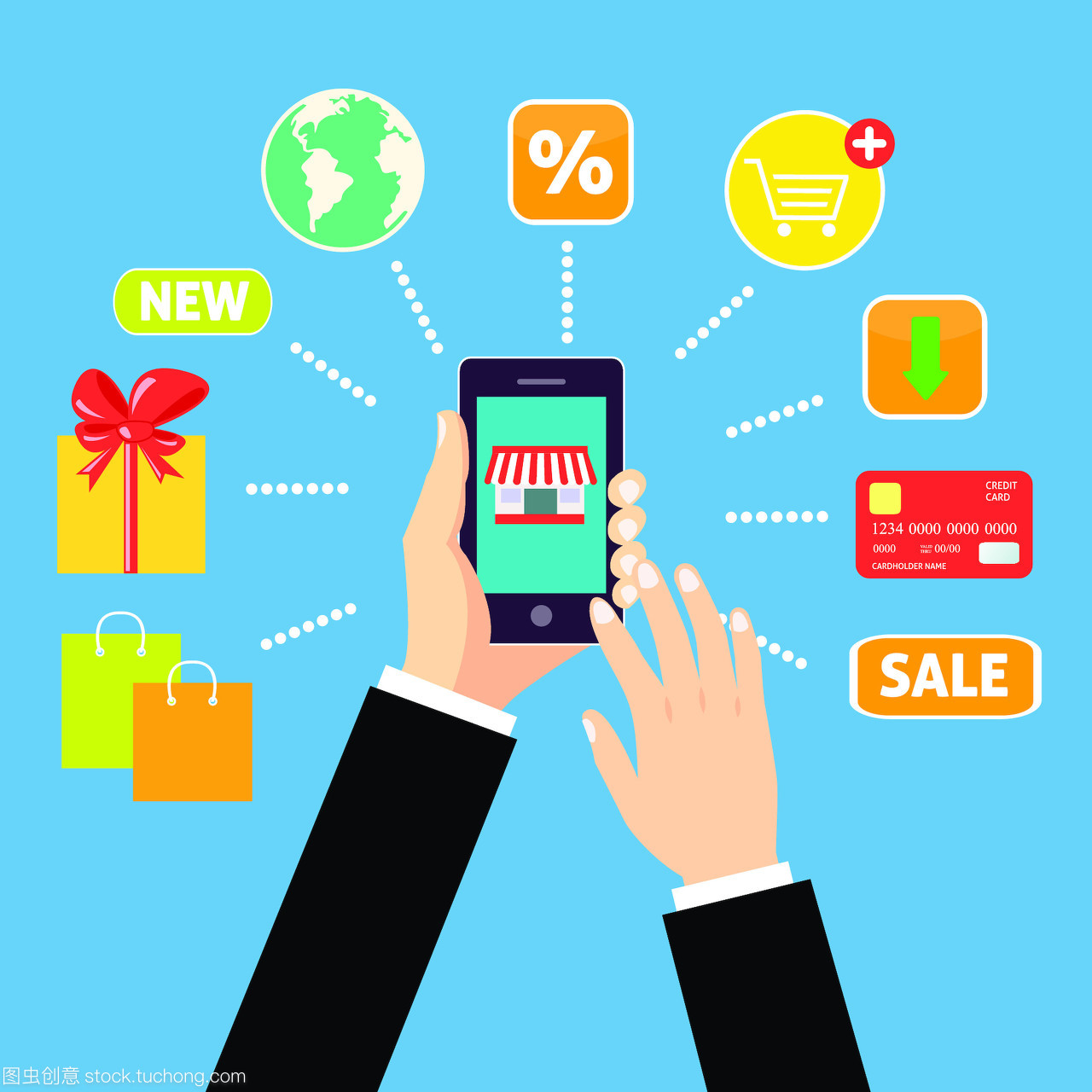 网上购物理念与人持有智能手机和电子商务图标矢量插图